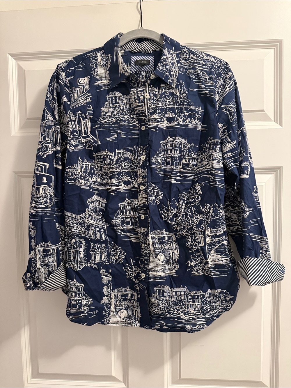 Talbots Navy and White Scenic Print Button-Down Shirt